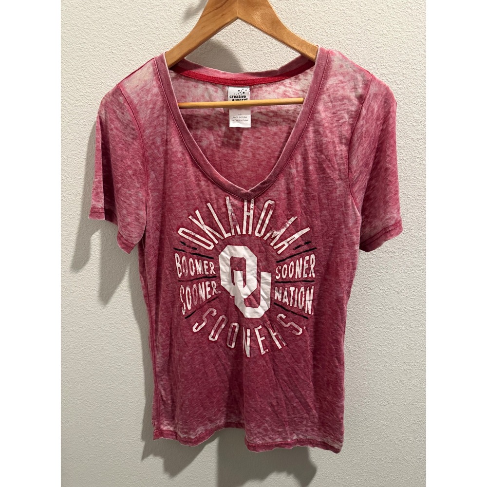 Creative Apparel Oklahoma Sooners V-Neck Burnout Graphic T-Shirt Crimson Red L